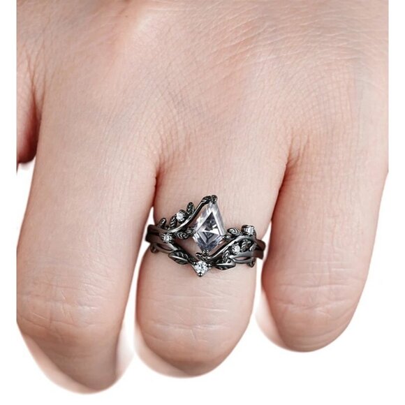 Rhombus Cut Natural Gray Moissanite Engagement Wedding Ring Set in Rhodium - Picture 7 of 7